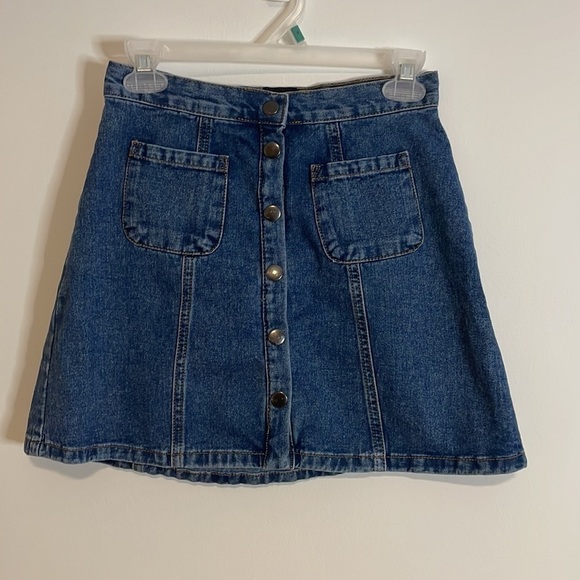 BDG Button Front Mini Denim Skirt Small Dark Blue Swing A-Line Pockets - Picture 1 of 11